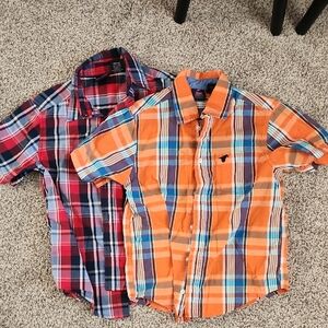 Two Wrangler Kids Plaid Button Down Shirts - Red and Orange